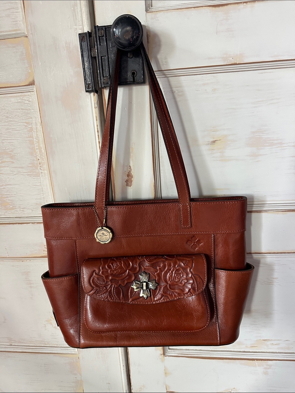 Patricia Nash Chestnut Brown Leather Floral Embossed Tote